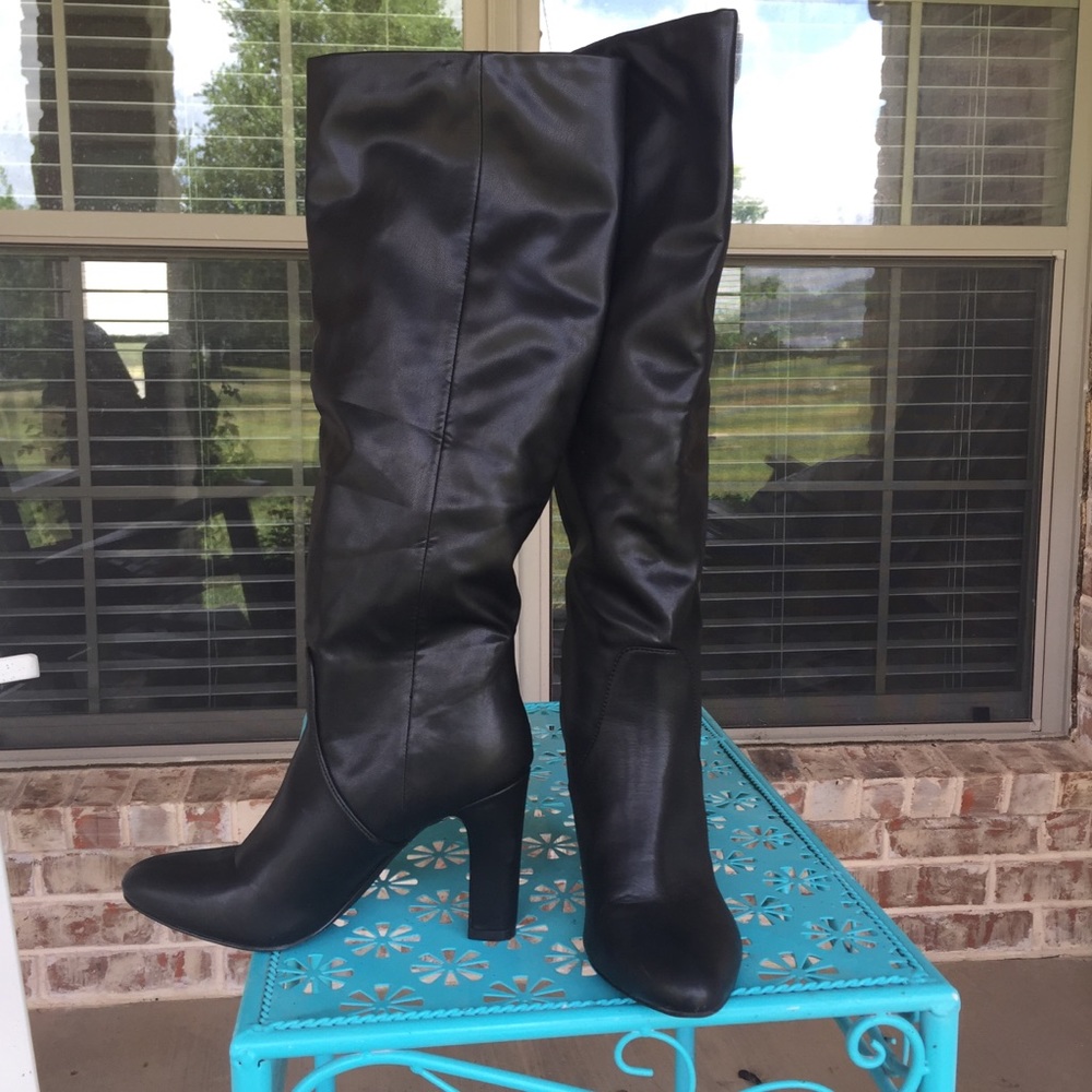 Unisa Black Vegan Leather Knee High Slouch Boots - Picture 3 of 15